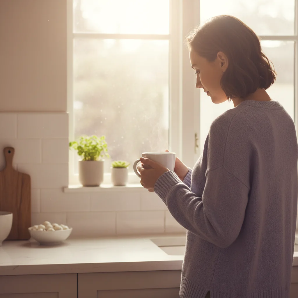 Anonymous person enjoying a warm drink as part of a morning wellness routine