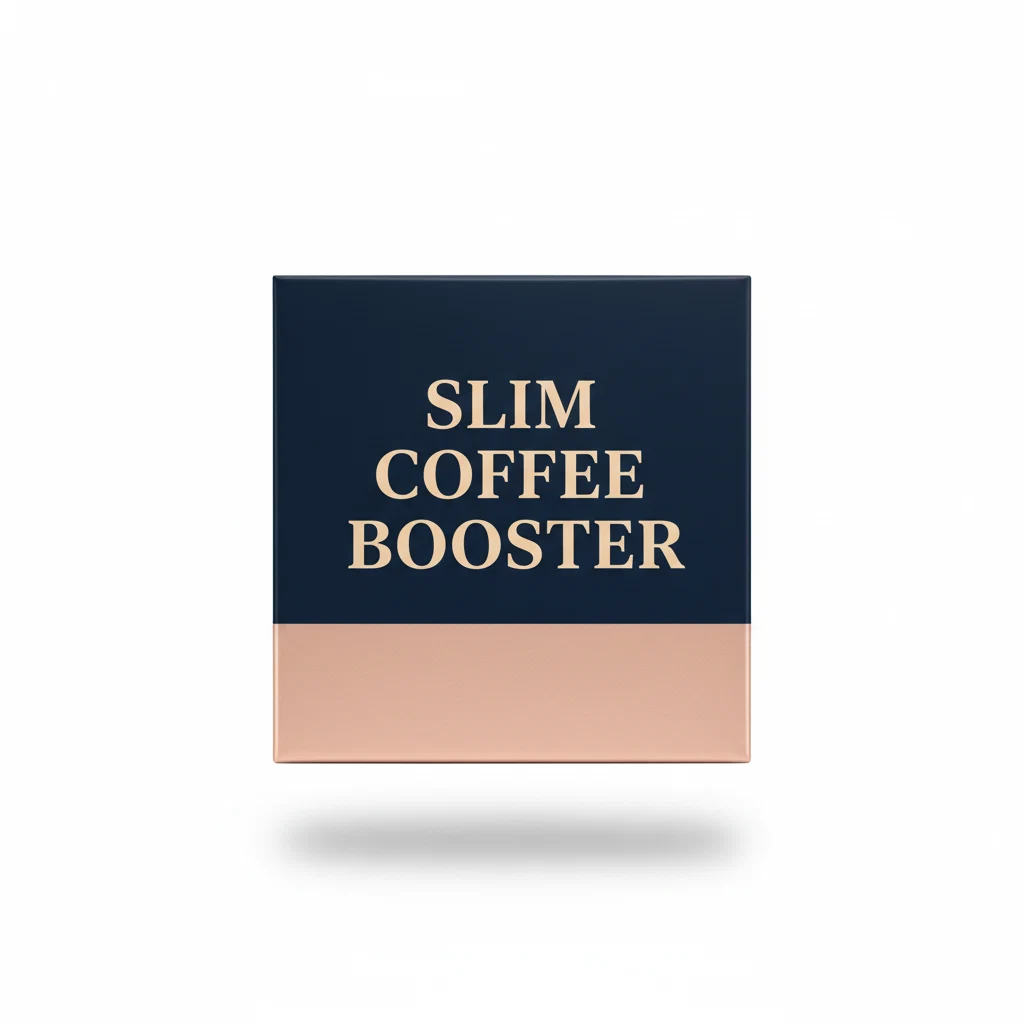 Slim Coffee Booster compact square box - dark navy label with bold serif product name and pink-gold accent panel